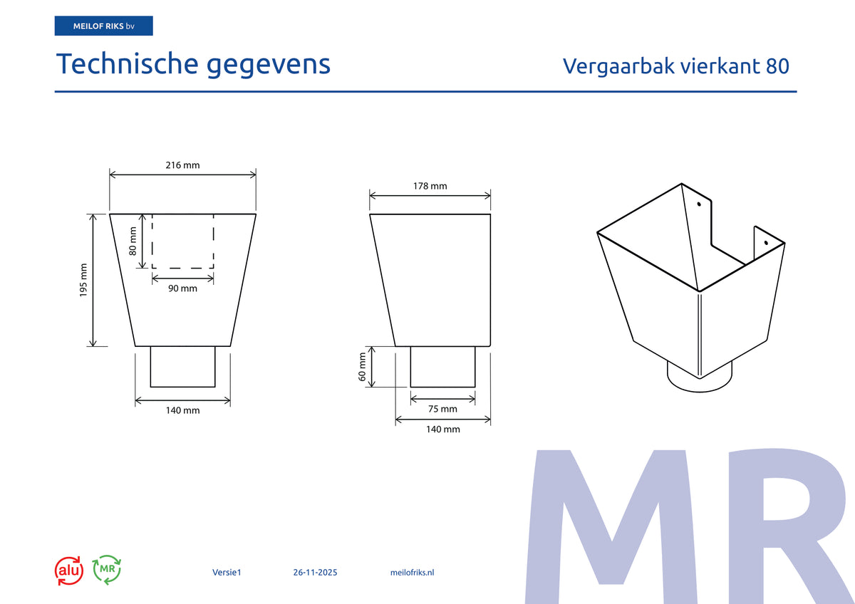 Aluminium Vergaarbak Vierkant 200x250 mm Ø80 mm Grijs RAL-7036