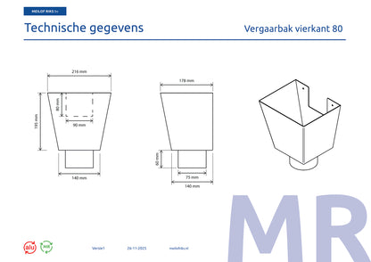 Aluminium Vergaarbak Vierkant 200x250 mm Ø80 mm Grijs RAL-7036