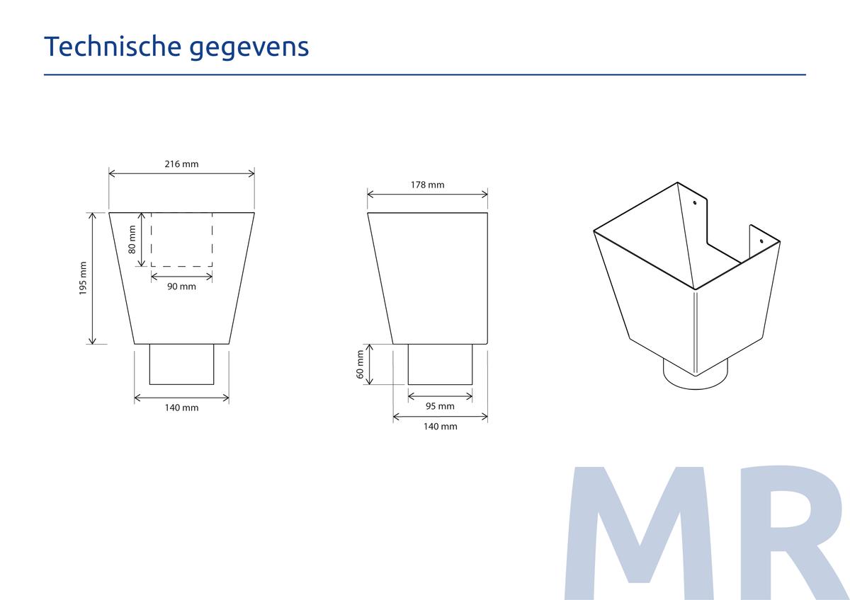 Aluminium Vergaarbak Vierkant 200x250 Ø100mm Grijs RAL-7036